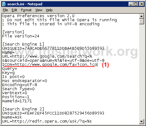 google search bar. Open search.ini with Notepad