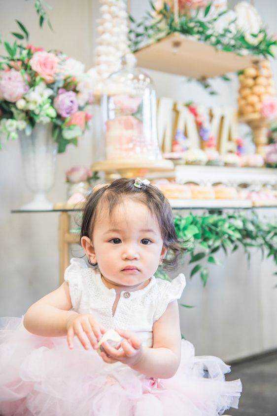  A Darling Dessert Display for a 1st Birthday with gorgeous captures by L'Estelle Photography, florals by Bootah Jardin Flowers and Desserts by Hello Sunshine Cake Studio