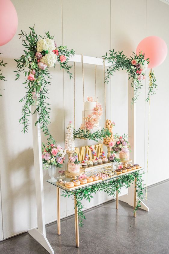  A Darling Dessert Display for a 1st Birthday with gorgeous captures by L'Estelle Photography, florals by Bootah Jardin Flowers and Desserts by Hello Sunshine Cake Studio