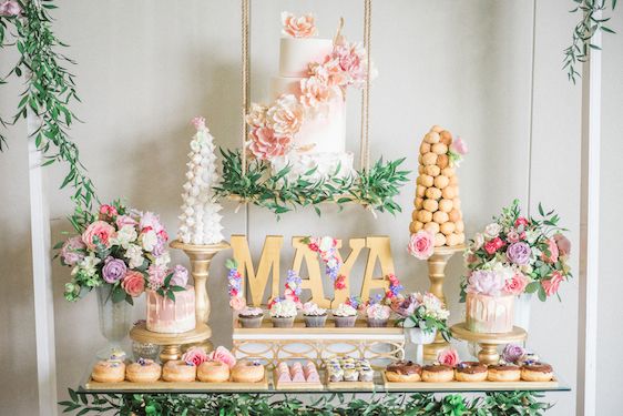  A Darling Dessert Display for a 1st Birthday with gorgeous captures by L'Estelle Photography, florals by Bootah Jardin Flowers and Desserts by Hello Sunshine Cake Studio