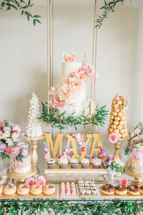  A Darling Dessert Display for a 1st Birthday with gorgeous captures by L'Estelle Photography, florals by Bootah Jardin Flowers and Desserts by Hello Sunshine Cake Studio