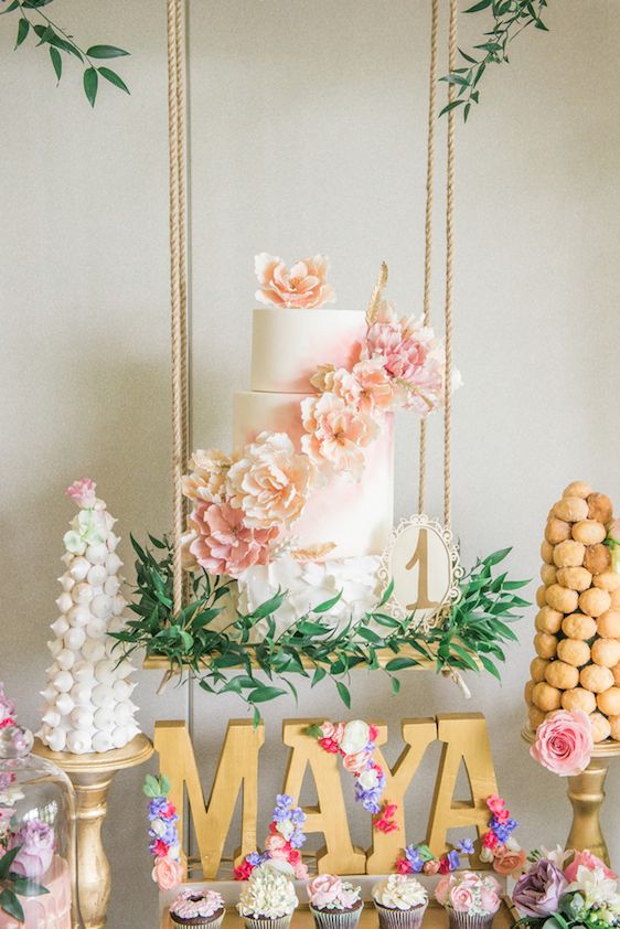  A Darling Dessert Display for a 1st Birthday with gorgeous captures by L'Estelle Photography, florals by Bootah Jardin Flowers and Desserts by Hello Sunshine Cake Studio