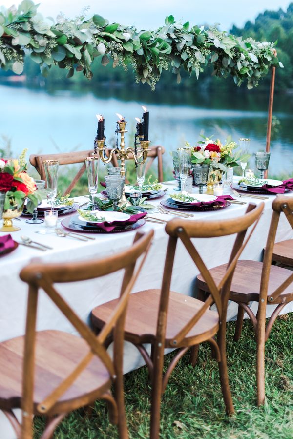  Romantic Lakeside Wedding Inspo in Burgundy & Gold