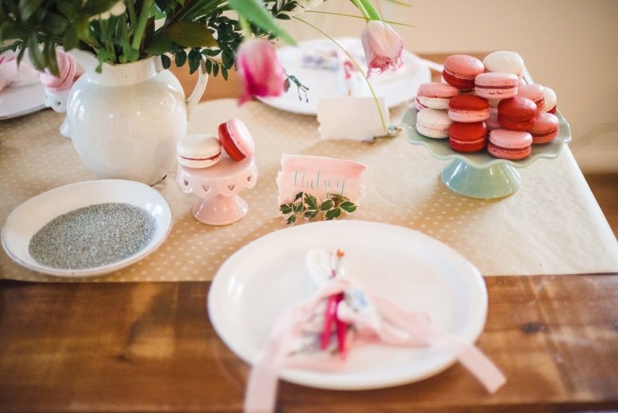 GALentine's Day Macaron Party with Your Besties! www.theperfectpalette.com - Love Be Photography, florals by SArias Creates, Hazy Skies Lettering