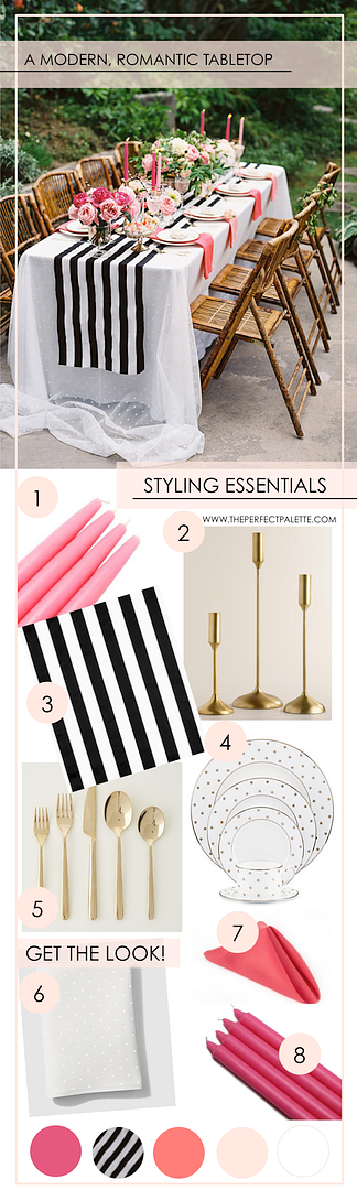 Get the Look: A Modern + Romantic Tabletop - www.theperfectpalette.com - Shades of Pink + Black and White Stripes
