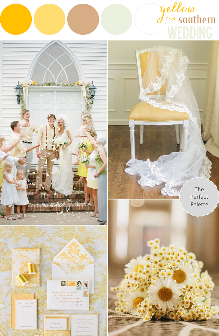 Sunny Southern Wedding: http://www.theperfectpalette.com/2014/05/sunny-southern-wedding-yellow-styling.html Yellow Wedding Styling Ideas