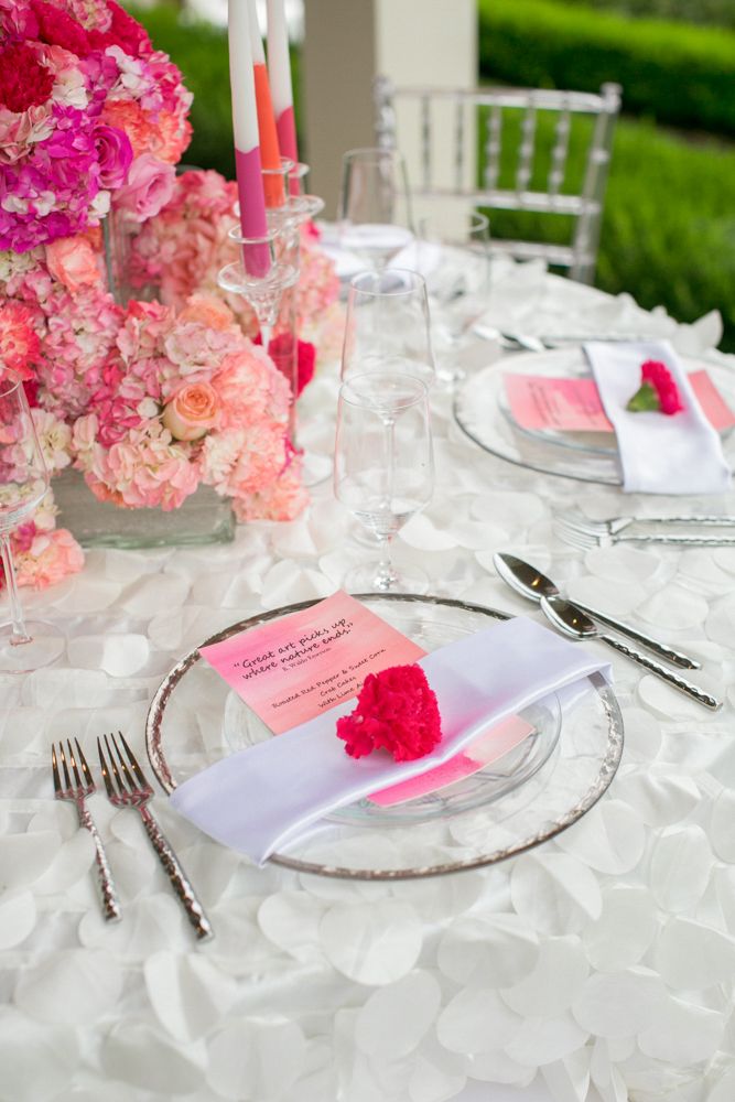 Textured Linens + Watercolor Menus: www.theperfectpalette.com Photo by KMI Photography, Floral Design by Fiore Fine Flowers