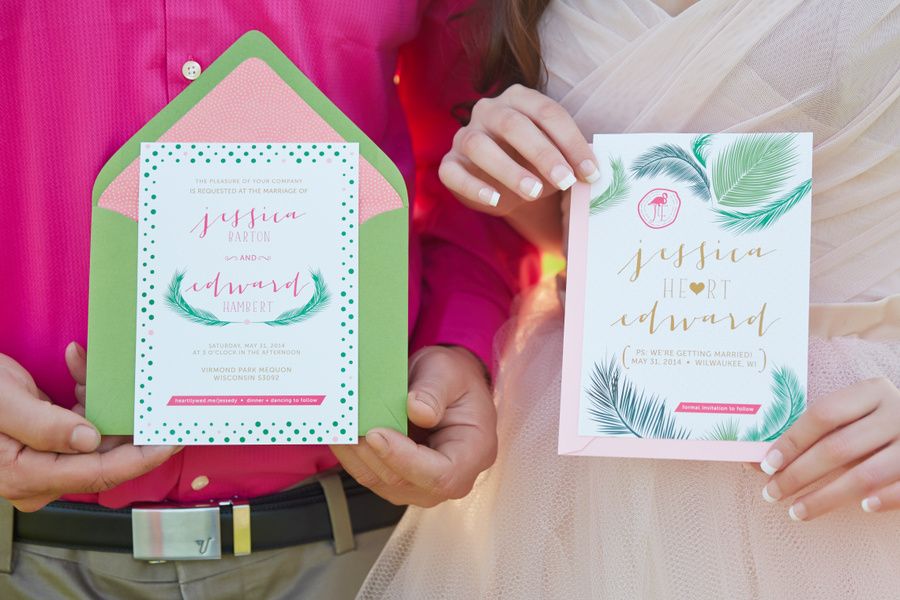 Bright Flamingos + Exotic Palms: Fuchsia Meets Emerald Green - Wojoimage Photography www.theperfectpalette.com Styled by Heartily Wed