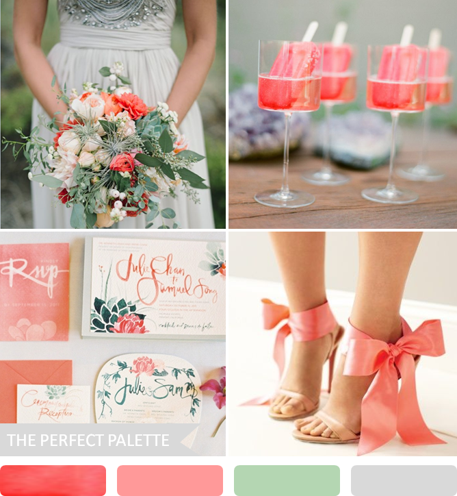 Party Palette | Coral with Shades of Green and Gray - to see more: http://www.theperfectpalette.com/2014/03/party-palette-coral-with-shades-of.html