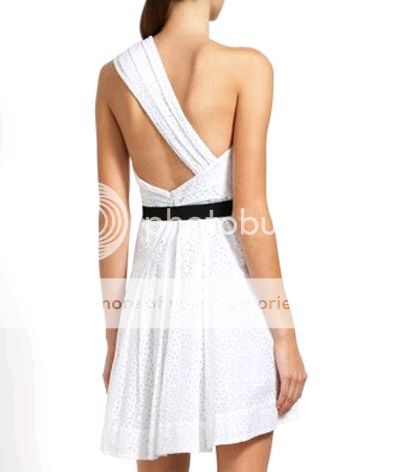   WHITE COLORED ONE SHOULDER COTTON EYELET DRESS WITH JEWELED BUCKET