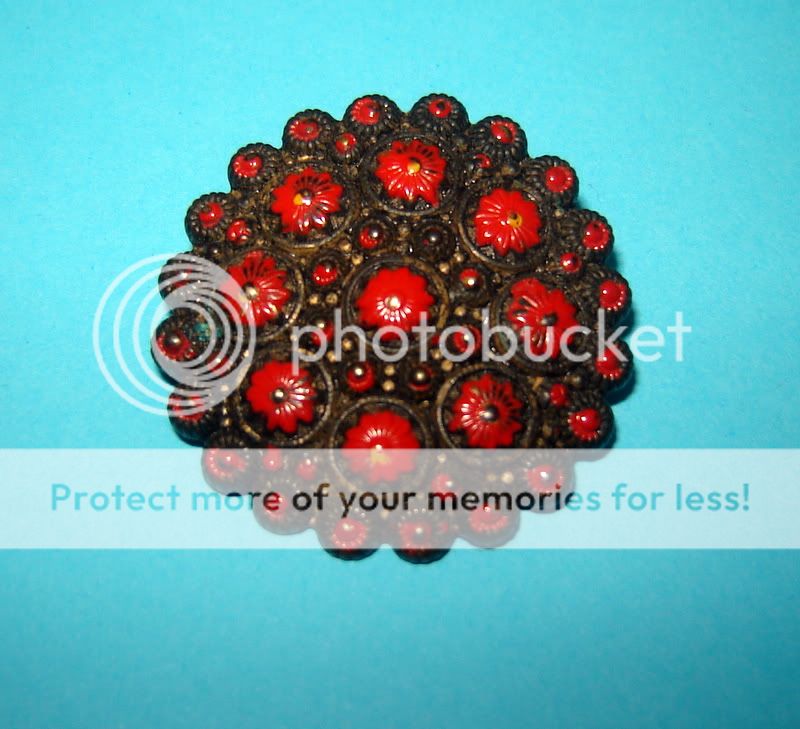 UNIQUE ANCIENT ANTIQUE PIN BROOCH BRASS RED FLOWERS  