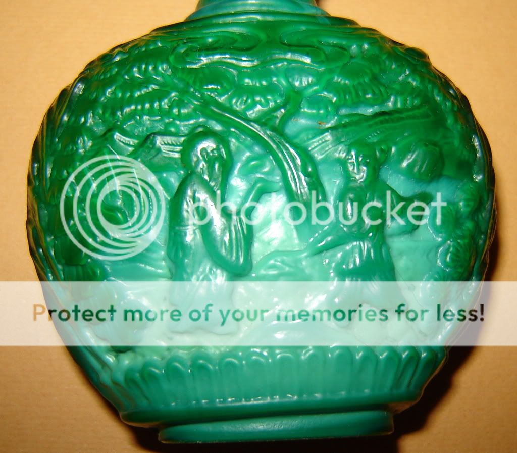   Perfume Glass Bottle GREEN Malachite Figures BRASS CAP W/ Rose  