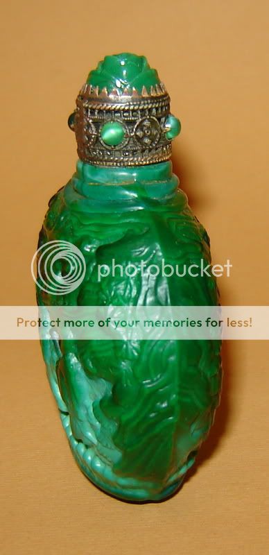   Perfume Glass Bottle GREEN Malachite Figures BRASS CAP W/ Rose  